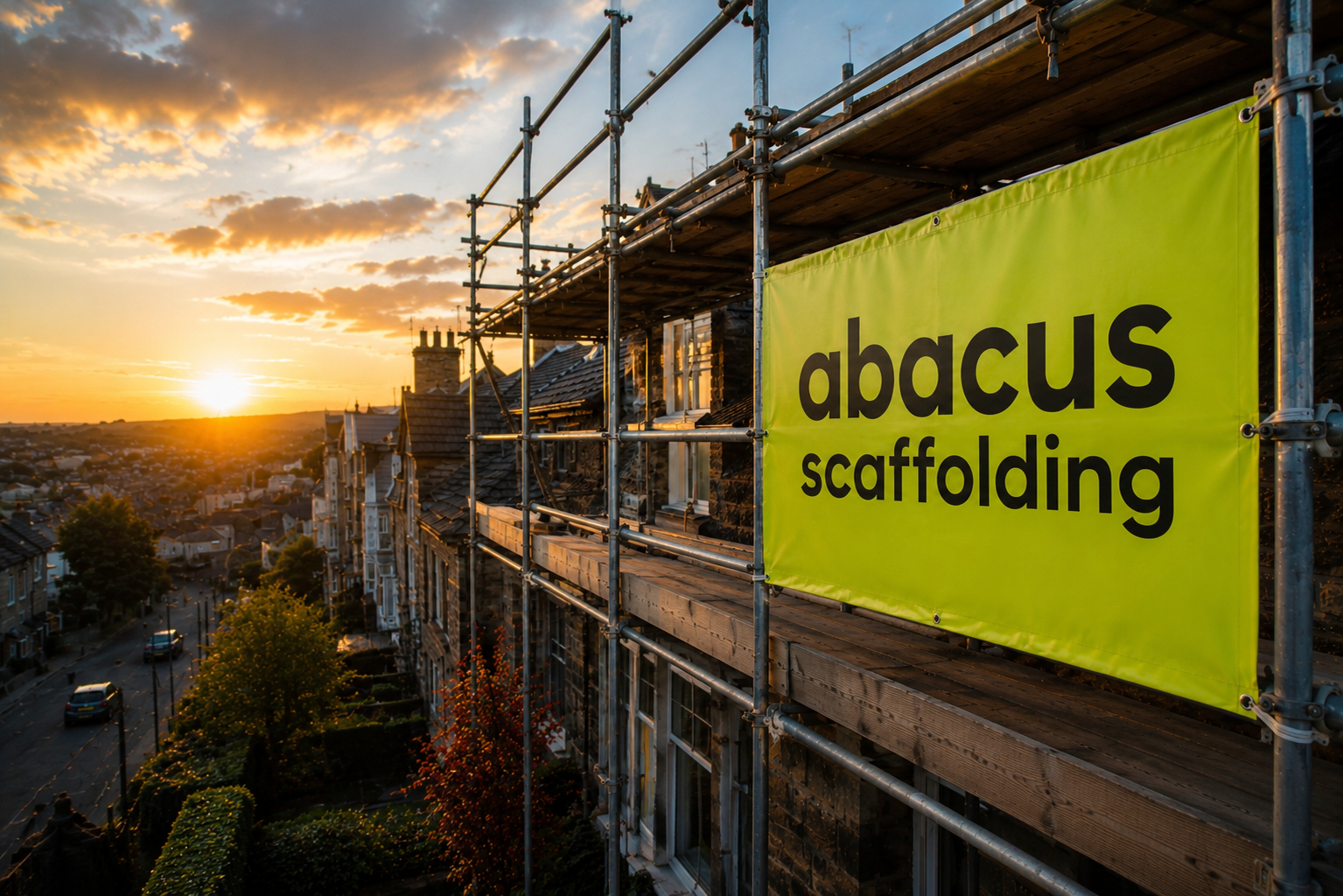 Abacus Scaffolding banner on scaffolding at sunset
